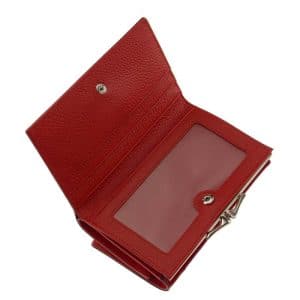 Divatos női bőr pénztárca elegáns megjelenésű lakozott felületű valódi bőrből piros színben , Nicole márkás fémlogóval fedelén