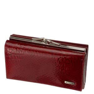 Divatos női bőr pénztárca elegáns megjelenésű lakozott felületű valódi bőrből piros színben , Nicole márkás fémlogóval fedelén