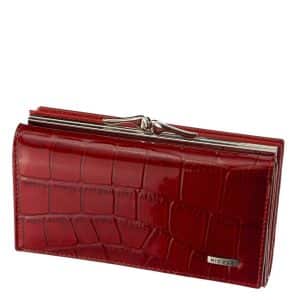 Divatos női bőr pénztárca elegáns megjelenésű lakozott felületű valódi bőrből piros színben , Nicole márkás fémlogóval fedelén