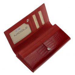 Igazán divatos valódi bőr női pénztárca piros színben , Nicole márkás fémlogóval fedelén