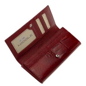Igazán divatos valódi bőr női pénztárca piros színben , Nicole márkás fémlogóval fedelén