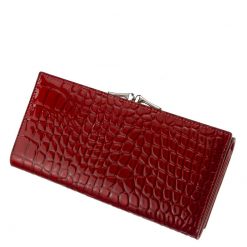 Igazán divatos valódi bőr női pénztárca piros színben , Nicole márkás fémlogóval fedelén