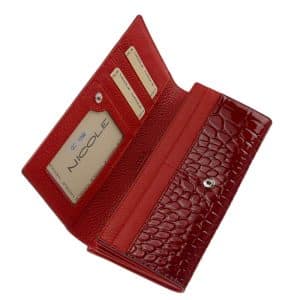 Igazán divatos valódi bőr női pénztárca piros színben , Nicole márkás fémlogóval fedelén