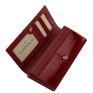 Igazán divatos valódi bőr női pénztárca piros színben , Nicole márkás fémlogóval fedelén