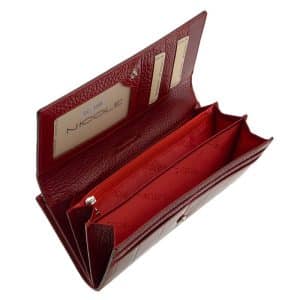 Igazán divatos valódi bőr női pénztárca piros színben , Nicole márkás fémlogóval fedelén