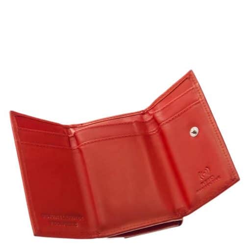 LA SCALA márkajelzésű, valódi bőr felhasználásával készített kisméretű női pénztárca, melyet piros színben és RFID -s kialakításban kínálunk.