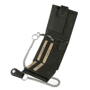 Valódi bőr pénztárca motor mintával fekete színben, a modell külsejét patentos átkapcsoló zárja le, kiváló minőségben készült motoros termék.