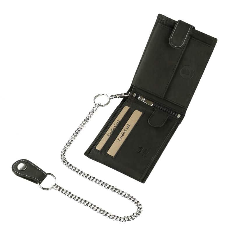 motoros-bor-penztarca-lanccal-GreenDeed-A1MR1021-T-fekete-02 Egyedi motoros mintás férfi bőr pénztárca modellünk kissé rusztikus, minőségi valódi bőrből külső kapcsolópánttal fekete színben.