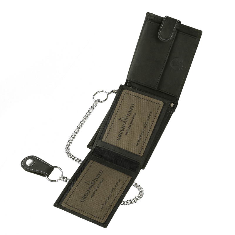 motoros-bor-penztarca-lanccal-GreenDeed-A1MR1021-T-fekete-03 Egyedi motoros mintás férfi bőr pénztárca modellünk kissé rusztikus, minőségi valódi bőrből külső kapcsolópánttal fekete színben.
