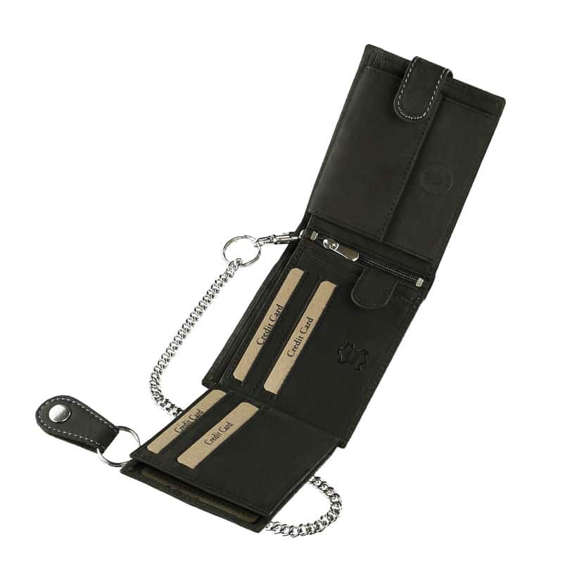 motoros-bor-penztarca-lanccal-GreenDeed-A1MR1021-T-fekete-04 Egyedi motoros mintás férfi bőr pénztárca modellünk kissé rusztikus, minőségi valódi bőrből külső kapcsolópánttal fekete színben.