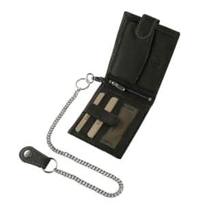 Minőségi bőrből készült GreenDeed márkájú fekete motoros, férfi bőr pénztárca, melynek fedelén egyedi kidolgozású motorkerékpár képe látható.