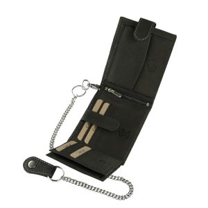 Minőségi bőrből készült GreenDeed márkájú fekete motoros, férfi bőr pénztárca, melynek fedelén egyedi kidolgozású motorkerékpár képe látható.