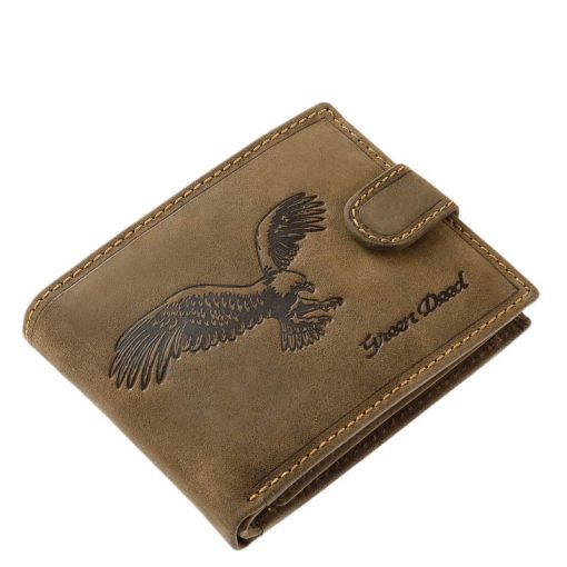 GreenDeed logóval ellátott igazi bőr pénztárca mely sas mintás minőségi, részletgazdag benyomással készült barna színben.