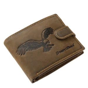 Rusztikus valódi marhabőrből készített barna színű férfi bőr pénztárca sas mintás fedéllel a minőségi GreenDeed márkacsaládtól.