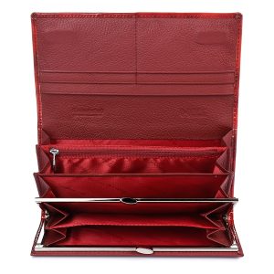 Nagy méretű lakk bőr női pénztárca, mely igazi nőies modell, divatos piros színű kivitelben, elegáns belső keretes kialakítással készült.
