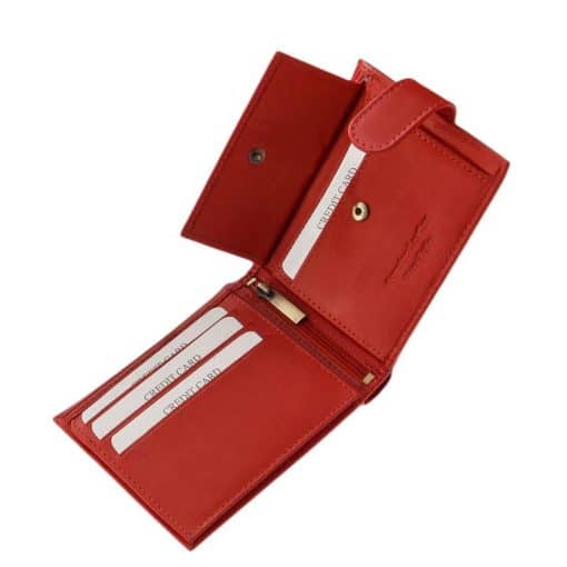 Piros színű Corvo Bianco jelzésű, finom tapintású, igényes igazi bőr női pénztárca, amelynek használata rendkívül kényelmes és praktikus.