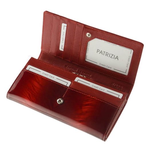 Nagy méretű PATRIZIA lakk bőr női pénztárca, mely elegáns piros színben és díszdobozos kivitelben érhető el áruházunkban.