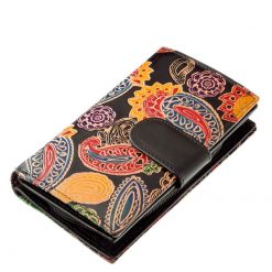Igazi bőrből készült kézzel festett mintás, minőségi, nagy méretű női pénztárca, melynek valódi bőr külsején dekoratív minta látható.