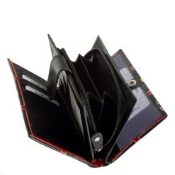 Igazi bőrből készült kézzel festett mintás, minőségi, nagy méretű női pénztárca, melynek valódi bőr külsején dekoratív minta látható.