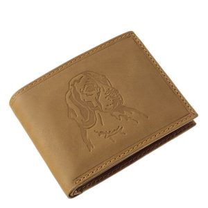 Valódi, rusztikus minőségi bőrből készült, barna színű kutyás bőr pénztárca, mely GreenDeed kollekciónk egyik különleges mintás darabja.