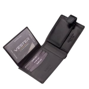 Férfi bőr pénztárca modell, elegáns kellemes fényű, minőségi valódi bőrből, fedelébe nyomott Vester Luxury márkajelzéssel. Díszdobozban
