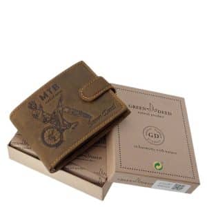 GreenDeed RFID védett és patentos külső kapcsoló pánttal rendelkező bőr pénztárca mtb kerékpáros mintával, a hegyi kerékpározás kedvelőinek.