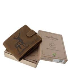 Rusztikus igazi bőrből készített gímszarvas mintás vadász férfi bőr pénztárca a minőségi GreenDeed márkacsaládtól, díszdobozos termékünk.