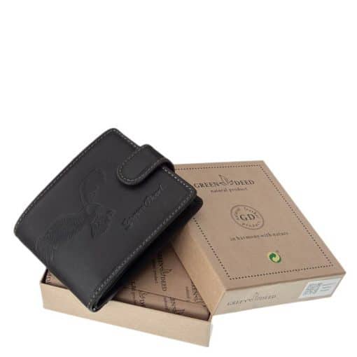 GreenDeed logóval ellátott igazi bőr pénztárca mely sas mintás minőségi, részletgazdag benyomással készült barna és fekete színben.