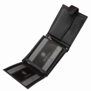 RFID védett férfi bőr pénztárca modell, elegáns dizájnnal, minőségi valódi bőrből, fedelébe nyomott La Scala márkajelzéssel, díszdobozban.