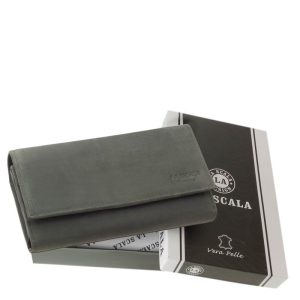 LA SCALA márkás nagyméretű női pénztárca természetes megjelenésű valódi bőr anyagból, RFID védelemmel gyártott díszdobozos modell.