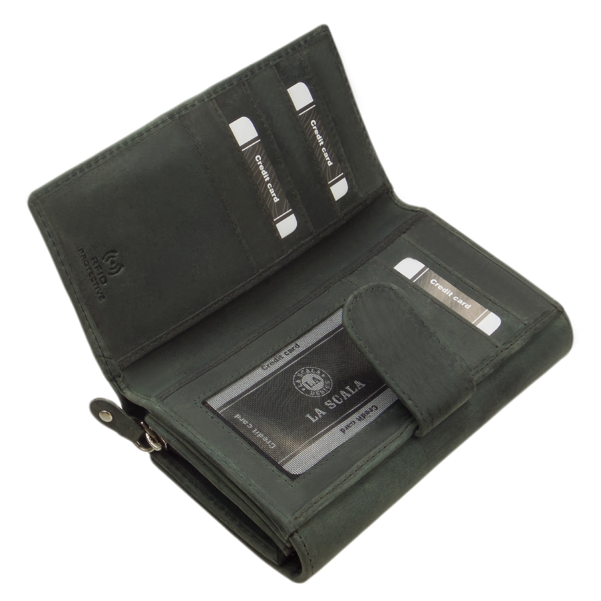 bor-noi-sokfunkcios-penztarca-vadasz-La-Scala-#-LSH04-#-zold-04 Nagyméretű női pénztárca, természetes hatású, matt valódi bőr felülettel, RFID védelemmel rendelkező La Scala márkás modellünk.