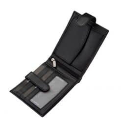 Elegáns, sejtelmesen fényes fekete színű férfi pénztárca, minőségi bőr alapanyagból gyártva, díszdobozos kivitelben a Corvo Bianco márkától.