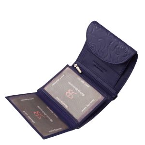 Kisméretű, virág mintás, dekoratív fényes felülettel rendelkező valódi bőr női pénztárca. Fedelén egész felületet betöltő rózsamintával.