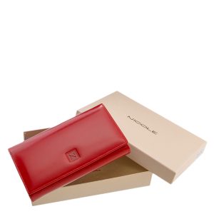 Prémium minőségű, elegáns fényű bőrből készült piros női divat bőr pénztárca, melynek fedelét a Nicole márka letisztult logója díszíti.