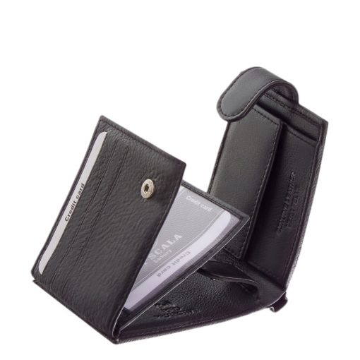 La Scala márkanév alatt kapható kis méretű férfi bőr pénztárca, amely kiváló minőségű valódi, puha tapintású bőrből készült RFID védelemmel.