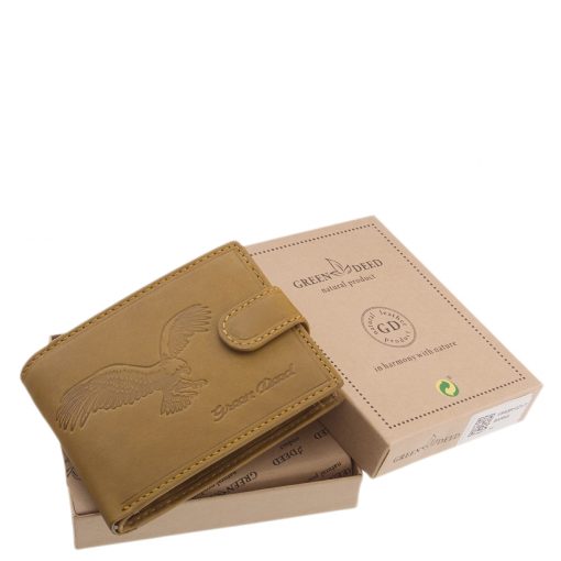 GreenDeed logóval ellátott igazi bőr pénztárca mely sas mintás minőségi, részletgazdag benyomással készült barna színben.