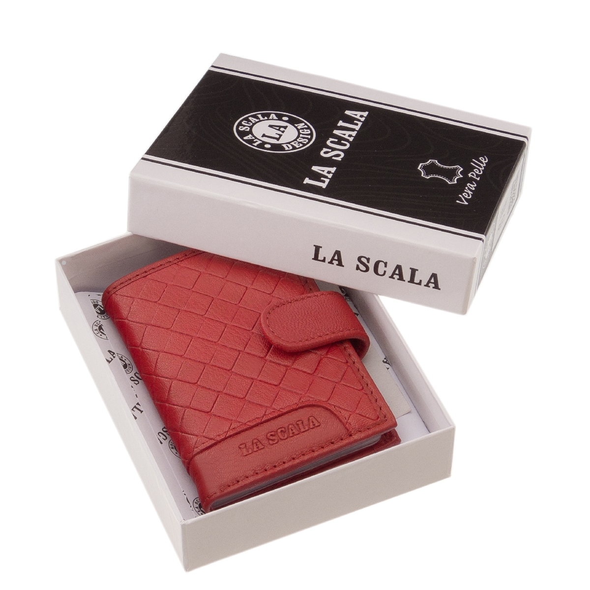 noi-bor-kartyatarto-diszdobozban-La-Scala-#-DGN2038T-#-piros-03 Divatos és egyedi megjelenésű valódi bőr kártyatartó álló kivitelben, mely átkapcsolóval zárható RFID védett, díszdobozos modellünk.