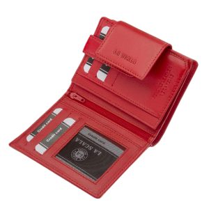 Divatos megjelenésű, kis méretű női bőr pénztárca, sokoldalú és praktikus belsővel, RFID védelmet is nyújtva, díszdobozos kivitelben.