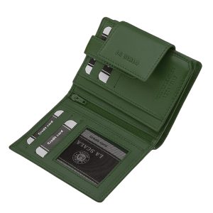 Divatos megjelenésű, kis méretű női bőr pénztárca, sokoldalú és praktikus belsővel, RFID védelmet is nyújtva, díszdobozos kivitelben.