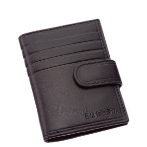 Egyedi dizájnt kapott ez a praktikus, álló kártyatartó, mely minőségi, valódi bőr alapanyagból került gyártásra La Scala márkanév alatt.