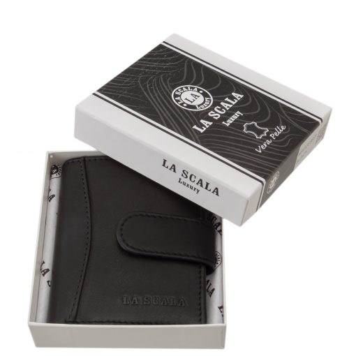 LA SCALA márkás, praktikus álló kivitelű elegáns fekete kártyatartó puha valódi bőr felszínnel, minőségi díszdobozos kiadásban.