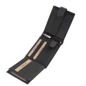 Díszdobozos férfi bőr pénztárca modell, mely elegáns külsővel rendelkezik, minőségi, valódi vadászbőr alapanyagból gyártva. Átkapcsolóval.