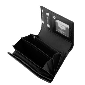 Kényelmes kialakítású, praktikus női bőr pénztárca divatos külsővel, továbbá RFID védelemmel, minőségi díszdobozban. Piros és fekete színben.