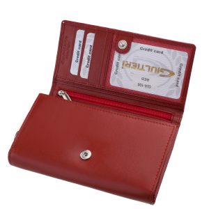 Elegáns és divatos megjelenésű női bőr pénztárca, valódi bőrből, praktikus belső elrendezéssel, fedelén mutatós Giultieri fémlogóval.