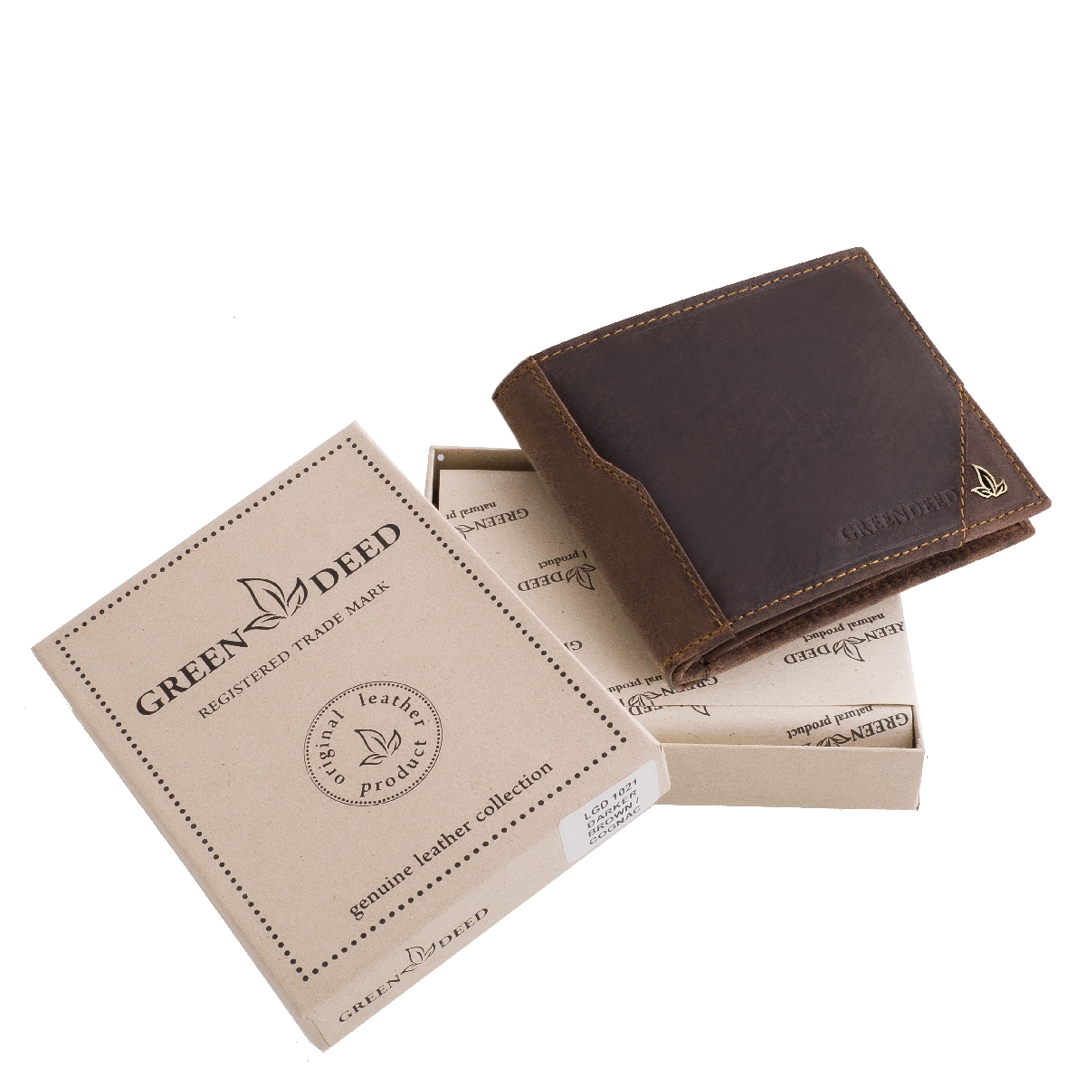Elegáns fém logós, GreenDeed márkás, férfi pénztárca valódi bőr anyagból gyártott minőségi, mutatós díszdobozos modell. Átkapcsoló nélkül.