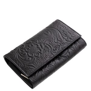 Brifkó fazonú, nagy méretű, divat bőr női pénztárca modell, melynek külseje egyedi mintás virágmotívummal lett díszítve. Díszdobozos modell.