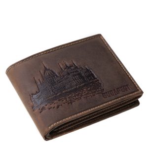 A magyar parlament látképével díszített, egyedi, valódi bőr pénztárca, praktikus elrendezésű, GreenDeed márkás, díszdobozos modell. Átkapcsoló nélkül.