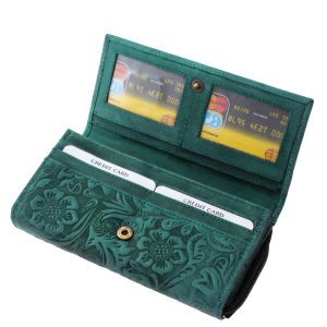 Kifejezetten nagy méretű, sok praktikus funkcióval rendelkező divatos és dekoratív valódi bőr női pénztárca virágmintás nyomattal a teljes felületén.