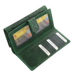 Divatos színekben virágmintával díszített minőségi valódi bőr női pénztárca, mely nagyméretű, praktikus kialakítású Sylvia Belmonte márkás modell.