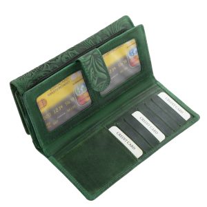 Divatos színekben virágmintával díszített minőségi valódi bőr női pénztárca, mely nagyméretű, praktikus kialakítású Sylvia Belmonte márkás modell.